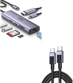 UGREEN 7-in-1 USB C Hub Bundle with 3.3FT 100W USB C to USB C Cable Fast Charging, Type C Cord USB C Charger Cable Compatible with iPhone 15/15 Pro/15 Pro Max, Galaxy S24/S23