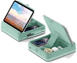 KDD Tablet Pillow Stand with Storage, Foldable iPad Holder for Bed, Lap and Desk, Angle Adjustable Soft Pad Dock with Stylus Mount Compatible with iPad Pro 12.9, 11, Air, Mini, Phones, Books (Green)