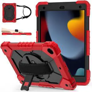 Kezigud Case for iPad 9th/8th/7th Gen 10.2''Shockproof Rugged Heavy Duty Hybrid PC+TPU 360° Rotating Hand Strap&Kickstand Shoulder Strap for Apple 10.2 inch iPad 9/8/7 2021/2020/2019 (Red)