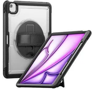 Loyrina Case for iPad Air 13 Inch 2025 M3 2024 M2 Lightweight Rugged Dual-Material Design, 360° Rotating Adjustable Hand Strap, Foldable Kickstand, Durable with Full Protection, Transparent