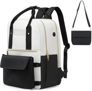 Rinlist Backpack for Women, 15.6 Inch Laptop Travel Backpacks Bag with USB Port, Work Business Nurse Teacher Bags College Bookbag for School, Casual Daypack for Travel, Black White