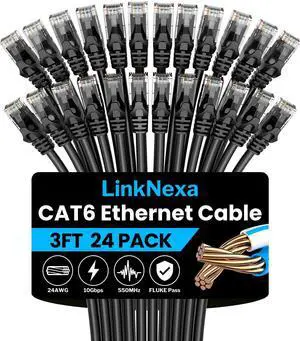 LinkNexa Cat 6 Ethernet Cable 3ft(24 Pack), High Speed 10Gbps Network Cable, UTP 24AWG Flexible RJ45 LAN Internet Cable for Computer, Router, Modem, PS4/5, Xbox, Gaming, Black