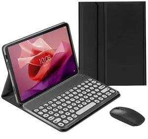 QYiiD Keyboard Case with Mouse for Lenovo Tab P12 Pro (2nd Gen) 12.7" 2024, Cute Round Key Detachable Wireless Keyboard & & PU Folio Stand Cover Case for 12.7 inch Lenovo Tab P12 2023, Black
