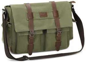 SUIKIHUM Canvas Crossbody Bag for Men and Women, Vintage Shoulder Bag with Multiple Pockets and Adjustable Strap, Fits 13 Inch Laptops, Green