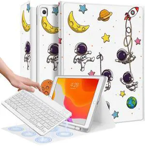 Wazzasoft for iPad 9th/8th/7th/Air 3rd Generation/Pro 10.5 Inch Case Keyboard Pencil Holder Folio Tablet Cover Women Girl Cute Girly Teen Kawaii Astronaut Unique Design for Apple 10.2 & 10.5 Inch