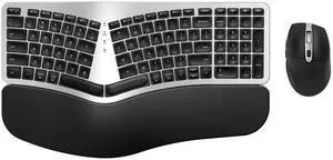 Ergonomic Wireless Keyboard Mouse Combo, EDJO Bluetooth/2.4G Dual Channel, Split Design, Soft Foam Palm Rest, 4 Level DPI Adjustable Wireless Mouse, Rechargeable, for Windows/Mac/Android(Sliver)