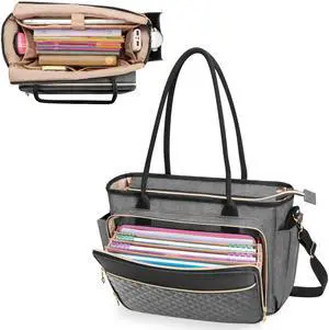 LUXJA Teacher Tote Bag with Accordion File Pocket, Teacher Bag for Women with 15.6 Inch Laptop Compartment, Gray