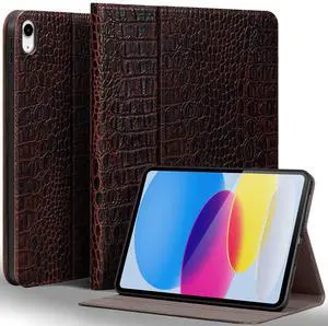 Gexmil Leather Case for iPad (A16) 11th Generation 11 Inch 2025, iPad 10th Generation 10.9 Inch 2022,Protective Top Grain Leather Cover, Auto Sleep/Wake,Viewing Angle, Brown Crocodile