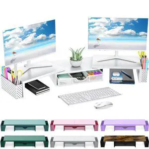 Spacrea Metal Desk Organizers and Accessories, Dual Monitor Stand Riser with Drawer and 2 Pen Holders, Desk Accessories & Workspace Desktop Organizers for Office Supplies (White)