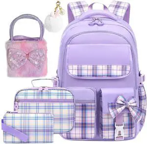3PCS Kids Backpack Set Cute School Backpack for Girls, Kawaii Teen Laptop Bag Multipocket Daypack Lightweight Schoolbag, Large Capacity Double Shoulder Backpack for Primary Elementary School, Purple