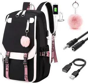 HXUANYU Stitched backpack, backpacks for teens, Backpacks for school,school bag,Girl backpack,USB Port Laptop Backpack,book bag(Black)