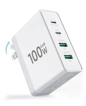 USB C Charger Block, 100W Fast GaN 4-Port USB Wall Charger, Foldable Plug Laptop Adapter for MacBook Pro/Air, Dell XPS,iPad Pro,iPhone,Galaxy S24/S23, Note 20/10+