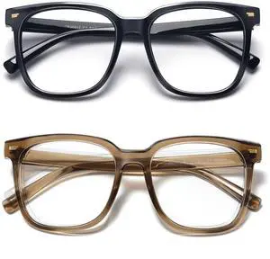 PANNER 2Pack Oversized Blue Light Blocking Glasses for Women Men Square Computer Eyeglasses Reduce Eyestrain(Black+Brown)