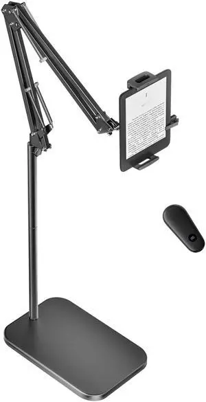 Floor Stand Kindle Holder with Remote Page Turner for Reading in Bed, Tablet Stand with 6.6lb Stable Base, Kindle Accessories Clicker Tablet Holder for Kindles Tablets iPhones 4.7-12.9 inch(Black)