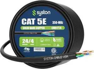 Syston Cable Technology CAT 5E Ethernet Bulk Cable,350MHz,24/4pr Solid Copper,CMR,Indoor/Outdoor,100 ft. Black