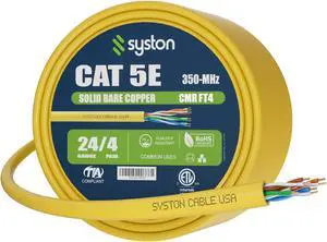 Syston Cable Technology CAT 5E Ethernet Bulk Cable,350MHz,24/4pr Solid Copper,CMR,Indoor/Outdoor,250 ft. Yellow