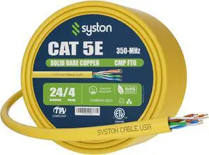 SYSTON CABLE TECHNOLOGY CAT 5E Ethernet Bulk Cable, 350MHz, 24/4pr Solid CU, CMP, Indoor/Outdoor 100 ft. Yellow
