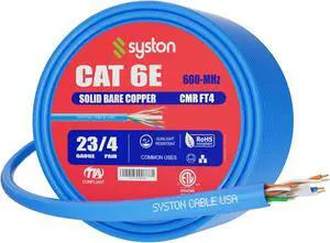 SYSTON CABLE TECHNOLOGY CAT 6E Ethernet Bulk Cable, 600MHz, 23/4pr Solid CU, CMR, Indoor/Outdoor 100 ft. Blue