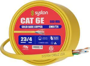 SYSTON CABLE TECHNOLOGY CAT 6E Ethernet Bulk Cable, 600MHz, 23/4pr Solid CU, CMR, Indoor/Outdoor 100 ft. Yellow
