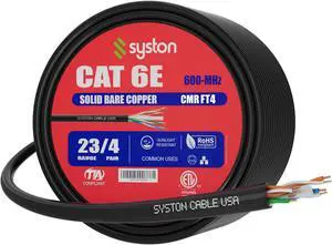 SYSTON CABLE TECHNOLOGY CAT 6E Ethernet Bulk Cable, 600MHz, 23/4pr Solid CU, CMR, Indoor/Outdoor 250 ft. Black