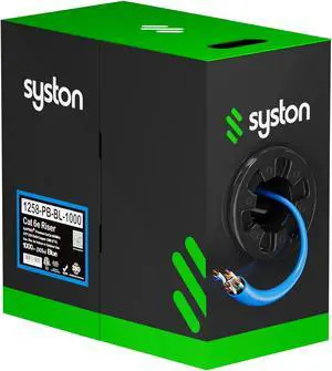SYSTON CABLE TECHNOLOGY CAT 6E Ethernet Bulk Cable, 600MHz, 23/4pr Solid CU, CMR, Indoor/Outdoor 1000 ft. Blue
