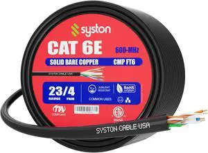 SYSTON CABLE TECHNOLOGY CAT 6E Ethernet Bulk Cable, 600MHz, 23/4pr Solid CU, CMP, Indoor/Outdoor 100 ft. Black