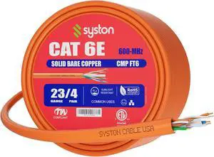 SYSTON CABLE TECHNOLOGY CAT 6E Ethernet Bulk Cable, 600MHz, 23/4pr Solid CU, CMP, Indoor/Outdoor 100 ft. Orange