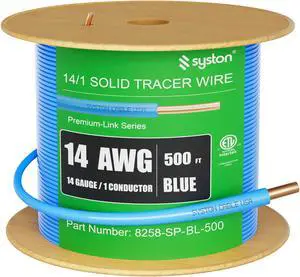 SYSTON CABLE TECHNOLOGY 14 AWG Tracer Wire,Direct Burial, Solid Bare Copper, Underground,Blue,500ft