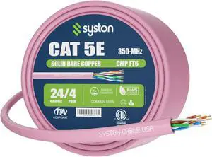 SYSTON CABLE TECHNOLOGY CAT 5E Ethernet Bulk Cable, 350MHz, 24/4pr Solid CU, CMP, Indoor/Outdoor 50 ft. White 250 ft. Pink