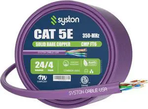 SYSTON CABLE TECHNOLOGY CAT 5E Ethernet Bulk Cable, 350MHz, 24/4pr Solid CU, CMP, Indoor/Outdoor 50 ft. White 250 ft. Purple