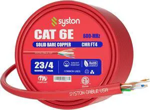 SYSTON CABLE TECHNOLOGY CAT 6E Ethernet Bulk Cable, 600MHz, 23/4pr Solid CU, CMR, Indoor/Outdoor 1000 ft. Black 250 ft. Red