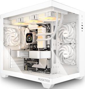 MUSETEX ATX PC Case, 360MM RAD Support, 3 x 120mm Fans Pre-Installed, 270° Full View Tempered Glass Gaming PC Case with Type-C, Mid Tower ATX Computer Case, White, Y6