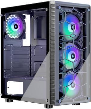 ATX PC Case 4 RGB Fans(Fix Color) Pre-Installed, USB 3.0 ATX Gaming PC Case, Tempered Glass Mid Tower Computer Case, Black,R7