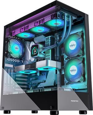MUSETEX PC CASE 6 PWM ARGB Fans Pre-Installed, ATX Mid Tower Computer Case with Full-View Dual Tempered Glass, Type-C Gaming PC Case,Black