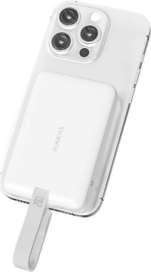 ROMOSS for Magsafe Battery Pack, 10000MAh Magnetic Power Bank 20W, Portable Charger with Fast Charging USB-C & Lighting Cable for iPhone 15/14/13/12 Series (White)