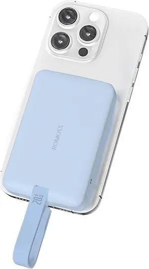 ROMOSS  for Magsafe Battery Pack, 10000MAh Magnetic Power Bank 20W, Portable Charger with Fast Charging USB-C & Lighting Cable for iPhone 15/14/13/12 Series Blue