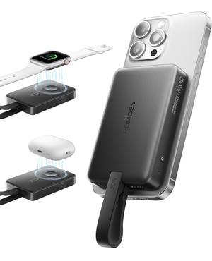 ROMOSS Magnetic Power Bank 10000mAh, 30W PD Fast Charging, 3-in-1 Wireless Power Bank with Apple Watch Charger, USB C Battery Pack for Magsafe, iPhone 16/15/14/13/12 Series/Apple Watch/Airpods