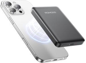 ROMOSS Magnetic Power Bank, Ultra Slim 5000mAh Magnetic Battery Pack, 20W Magsafe Portable Charger with USB-C Cable, Fast Charging Magsafe-Compatible Charger for iPhone 16/15/14/13/12 Series, Black