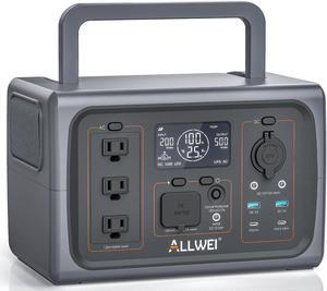 ALLWEI Portable Power Station 500W, 512Wh LiFePO4 Battery, 2.5Hrs Fast Charge, 3 AC Outlets(Surge 1000W), Solar Generator for Outdoor Camping RV CPAP Home Emergency