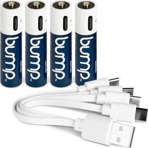 Bump AAA 1.5V Rechargeable Lithium-Ion Batteries 4-Pack  High Output, Fast USB-C Charging, Long-Lasting for Remotes, Toys, Keyboards, Wireless Mice  Charger Cable Included