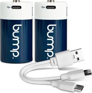 Bump D 1.5V Rechargeable Lithium-Ion Batteries 2-Pack  12000 mWh, Fast USB-C Charging, Long-Lasting for Flashlights and Devices with Extended Running Time  Charger Cable Included