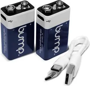 Bump 9V Rechargeable Lithium-Ion Batteries 2-Pack  High Output, Fast USB Charging, Long-Lasting for Smoke Alarms, Radios, Toys  Charger Cable Included