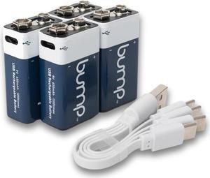 Bump 9V Rechargeable Lithium Ion Batteries 4-Pack  High Output, Long-Lasting, Fast USB Charging  Ideal for Smoke Alarms, Radios, Toys  Charger Cable Included