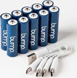 BUMP AA USB-C Rechargeable NiMH Batteries - 10 Pack - Sustainable & Cost-Effective Alternative to Lithium Ion - Fast Charging, Long-Lasting Power - 2 Charging Cables Included