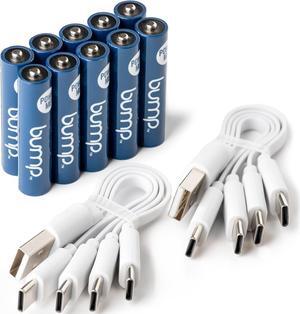 bump AAA USB-C Rechargeable NiMH Batteries - 10 Pack - Sustainable & Cost-Effective Alternative to Lithium Ion - Fast Charging, Long-Lasting Power - Two Charger Cables Included