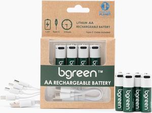 bgreen USB-C Rechargeable AA Batteries, 4 Pack, 3400 mAh, High Output, 4-in-1 Charging Cable Included, 1.5 Hour Full Charge