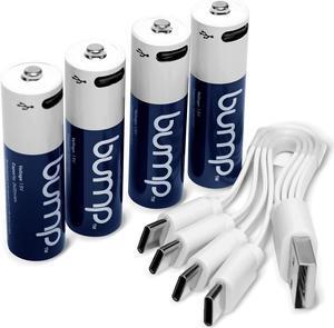 Bump USB Rechargeable AA Batteries (4-Pack) - 2600mWh Lithium Ion, 1.5V, 1000+ Charge Cycles, Includes 4-in-1 USB-C Charge, Long-Lasting for Remotes, Toys, Keyboards, Wireless Mice