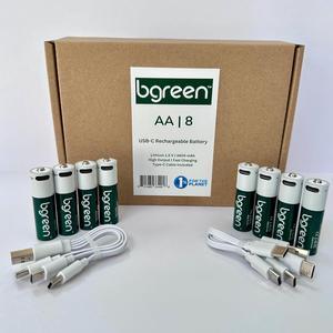 bgreen USB-C Rechargeable AA Batteries, 8 Pack, 3400 mWh, High Output, Two 4-in-1 Charging Cables Included, 1.5 Hour Full Charge. Great for Remotes, Ring camera, Keyboard, mouse, etc.