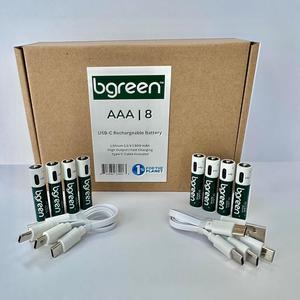 bgreen USB Rechargeable AAA Batteries (8-Pack) - High Performance, 1350mWh Lithium Ion, 1.5V, 1000+ Charge Cycles, Includes 4-in-1 USB-C Charge, Long-Lasting for Remotes, Toys, Keyboards,