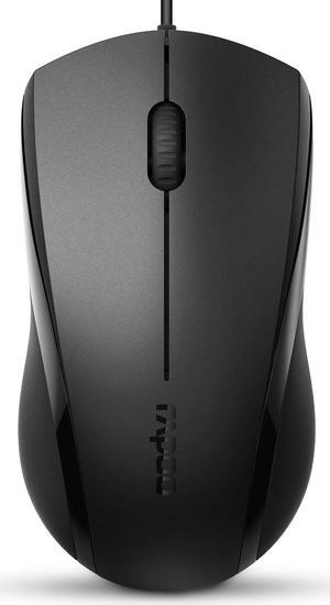 Rapoo N1600 Silent Wired Mouse, 1000 DPI Optical Computer Mouse, 5ft Cord, USB-A, Ambidextrous for Left and Right Hands, Compatible with PC, Laptop, Mac, Chrome - Matte Black